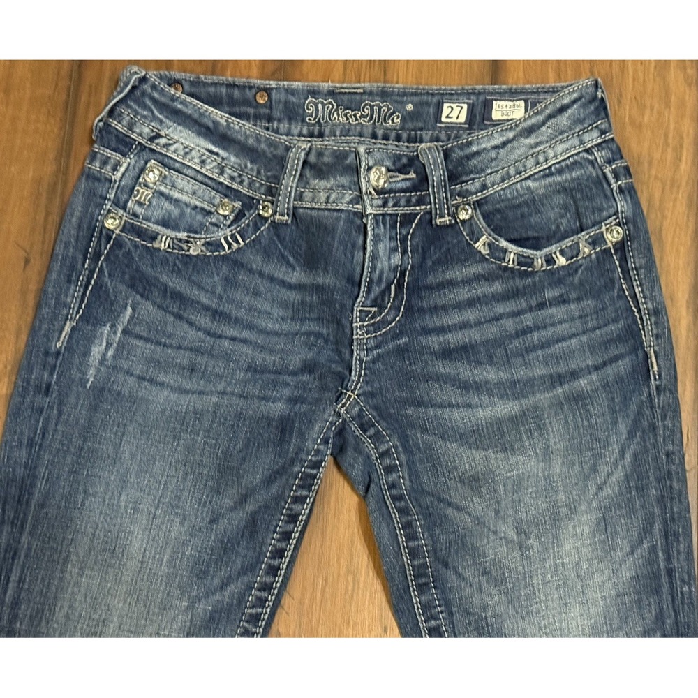 RARE VTG Miss Me Women Bootcut Jeans Embroidered Rhinestone Blue Size 27 - Picture 4 of 12